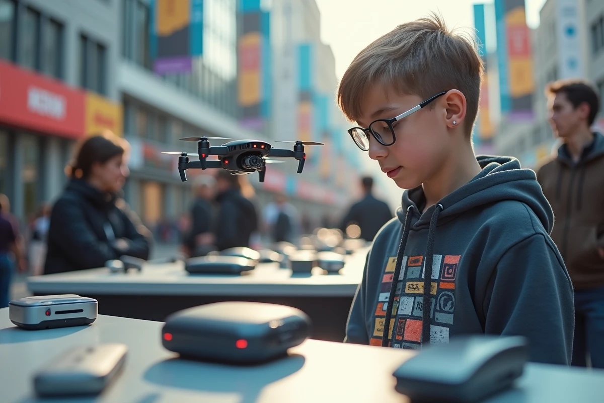Adolescent curieux devant un drone lors d