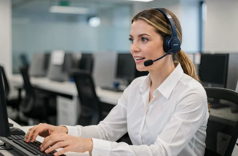 Agent de service client externalisé portant un casque professionnel dans un centre d'appels moderne