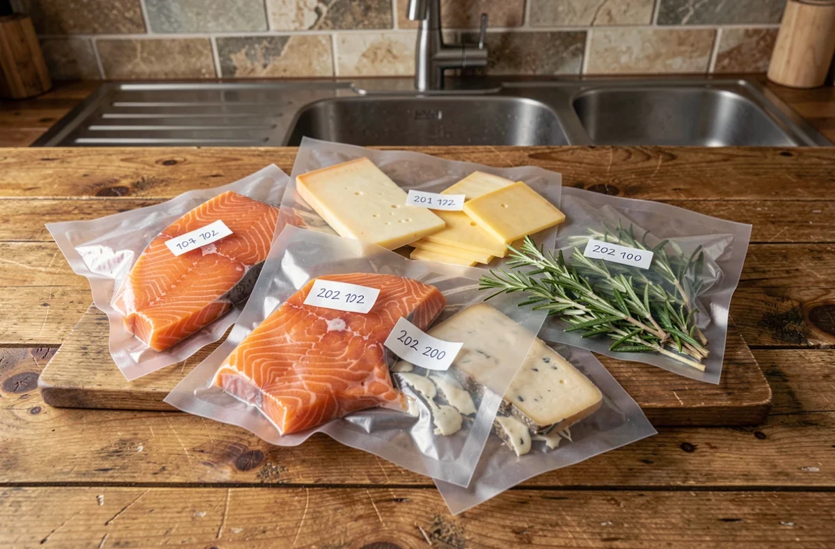 Assortiment d'aliments emballés sous vide avec étiquettes de date sur une planche en bois