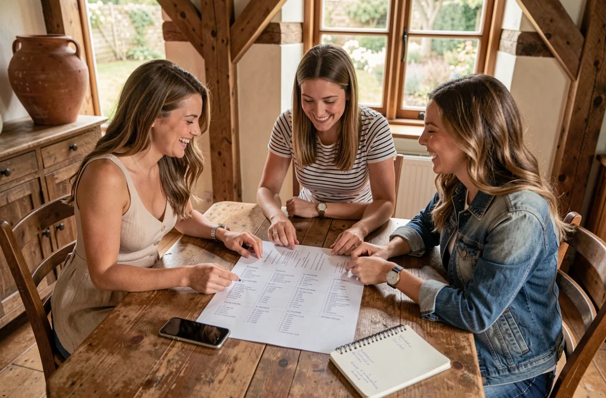 Trois amies consultant ensemble une liste de naissance imprimée autour d'une table en bois rustique