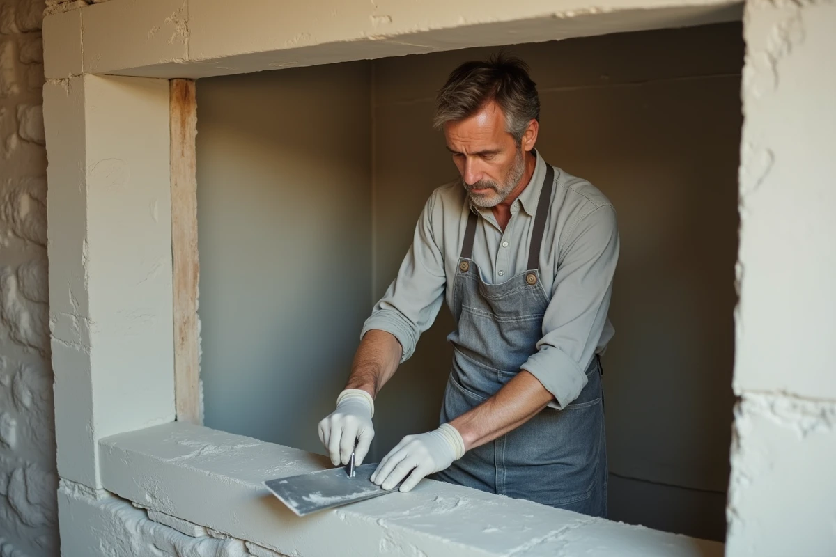 Artisan appliquant un enduit à la chaux sur les pierres d'un cantou en cours de rénovation dans une cuisine ancienne