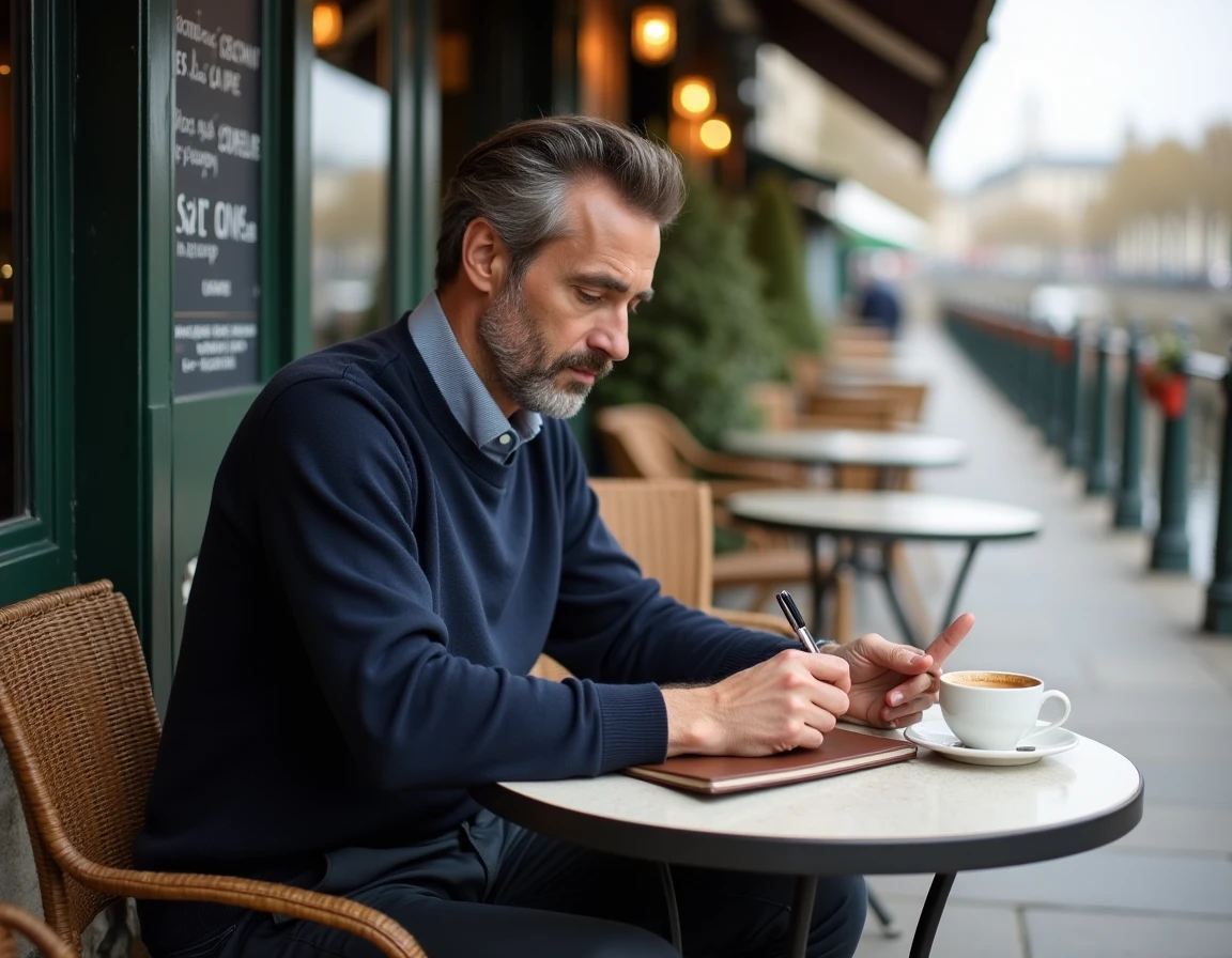 Homme attablé en terrasse de café parisien près de la Seine consultant un carnet de voyage