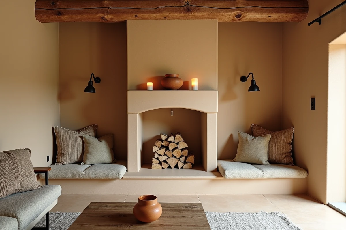 Cantou modernisé en coin salon avec banquettes en pierre, tadelakt sable et niche décorative dans une maison provençale contemporaine