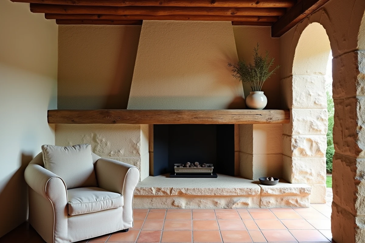 Cantou traditionnel rénové avec insert en fonte noire, murs en pierre apparente et manteau en chêne dans une maison de campagne française