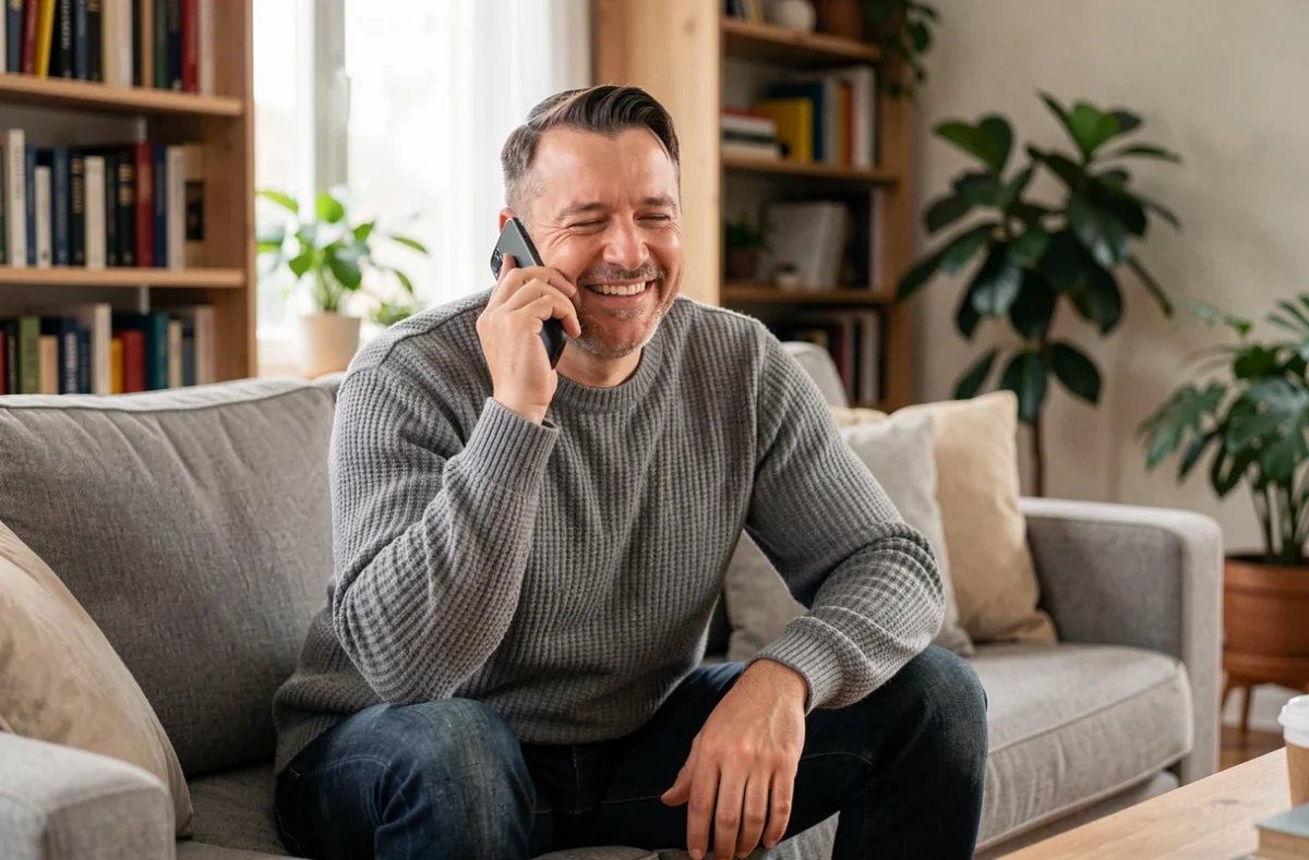 Client satisfait au téléphone avec un service client externalisé depuis son domicile