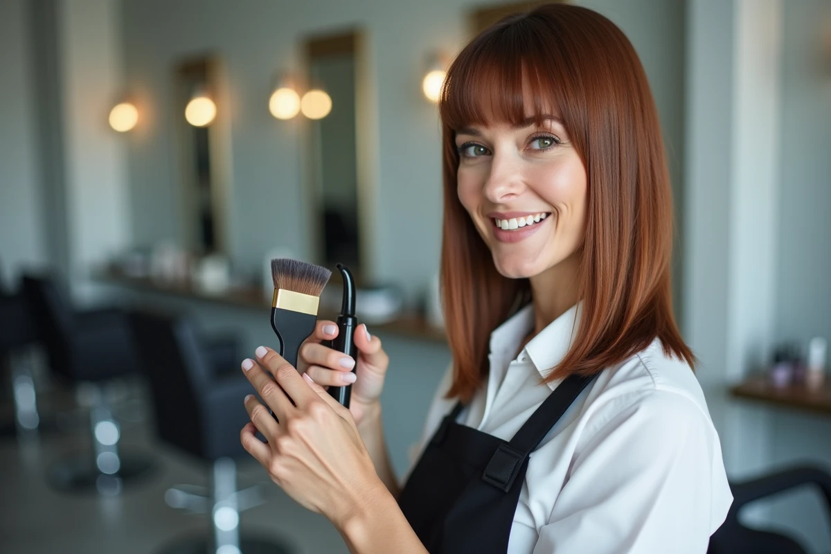 Coiffeuse professionnelle appliquant un traitement Vermogal en salon sur cheveux châtains