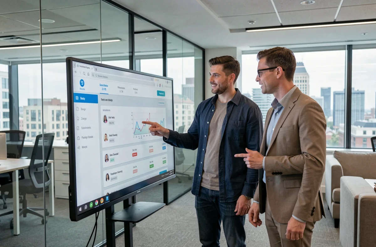 Deux collègues analysant ensemble des plateformes de recherche d'emploi spécialisées dans un bureau moderne