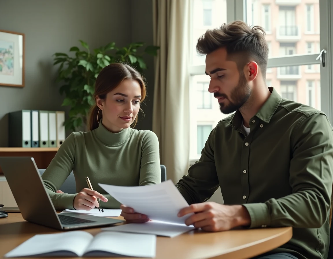 Deux collègues discutant de manière détendue autour d'une table dans un bureau calme et organisé, représentant un environnement de travail aux horaires stables