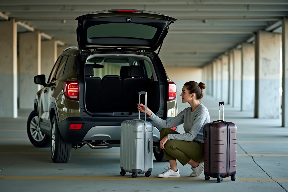 Femme comparant des valises avec le coffre d'un SUV compact dans un parking souterrain avant un achat de voiture