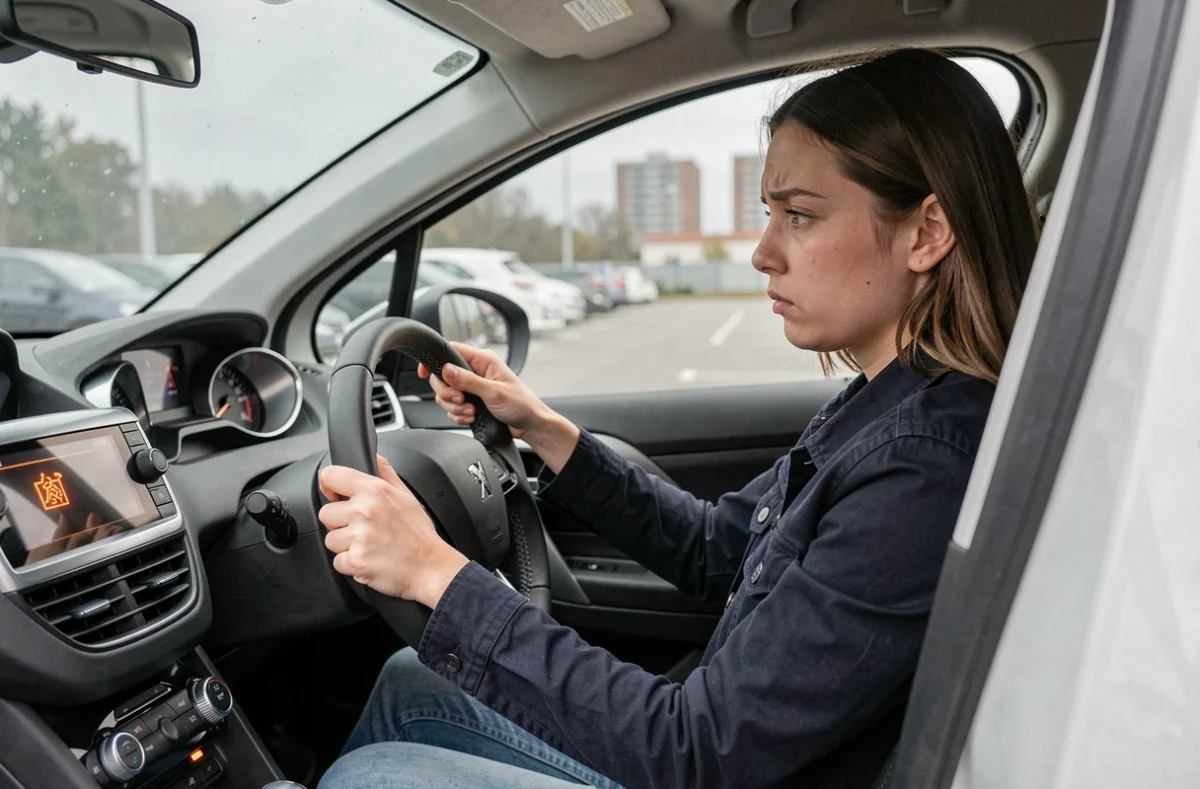 Conductrice d'une Peugeot 208 observant un voyant orange allumé sur le tableau de bord avec une expression préoccupée