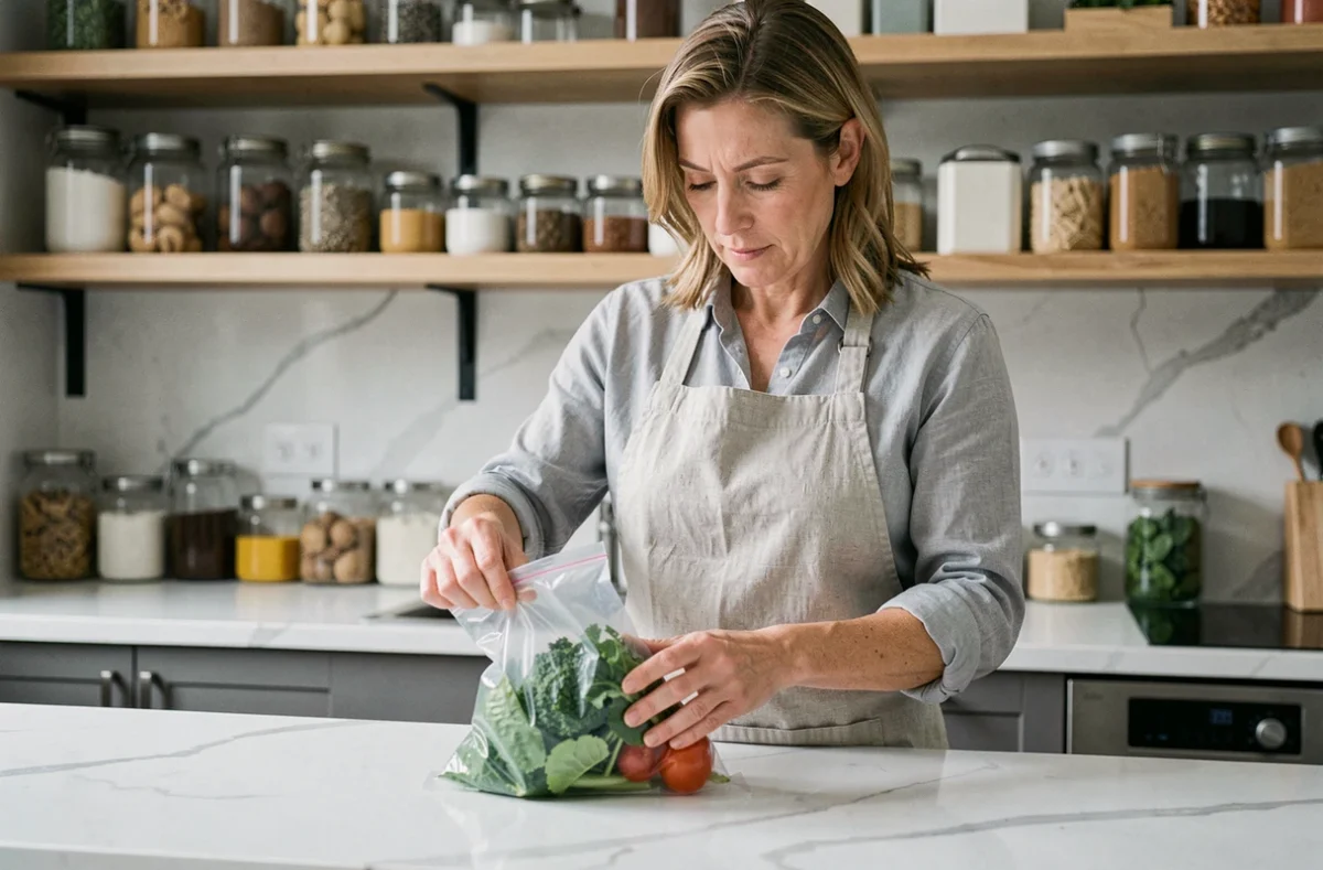 Femme utilisant une machine sous vide pour conserver des légumes frais dans sa cuisine domestique
