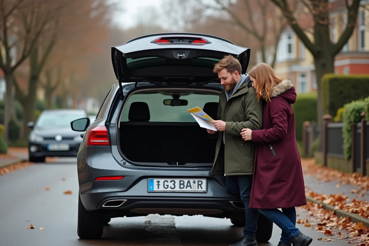 Couple consultant une brochure de comparaison de coffres de voitures devant un break garé dans une rue résidentielle en automne