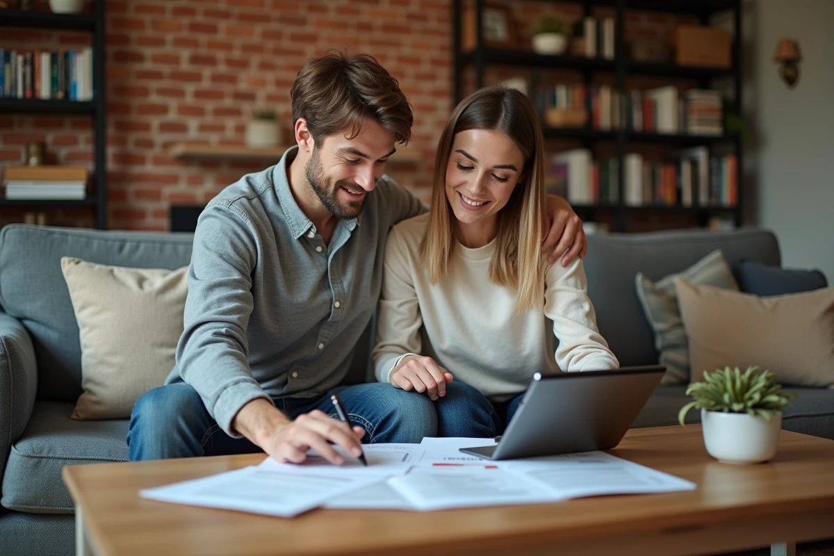 Couple examinant des documents d'assurance habitation et protection des biens à domicile