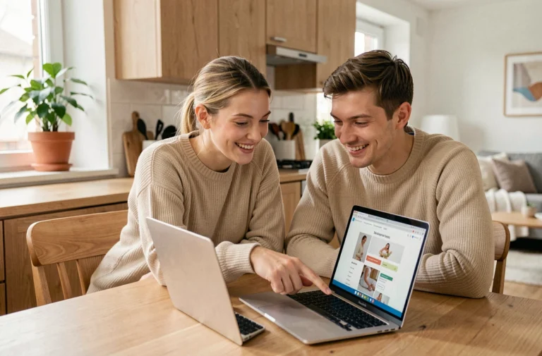 Jeune couple parcourant ensemble une liste de naissance en ligne sur un ordinateur portable dans une cuisine moderne