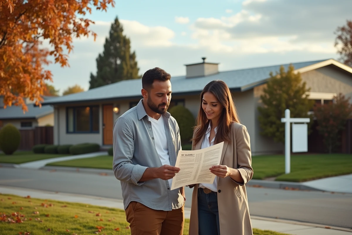 Couple devant une maison à vendre dans un quartier résidentiel en automne, examinant une annonce immobilière