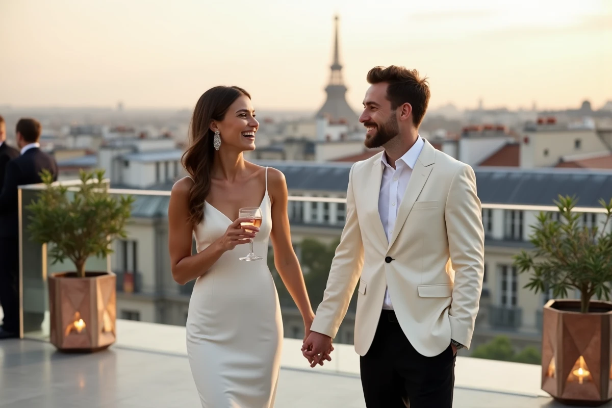 Couple de mariés riant lors d'un cocktail de mariage sur un rooftop parisien moderne avec vue sur les toits de Paris en 2024