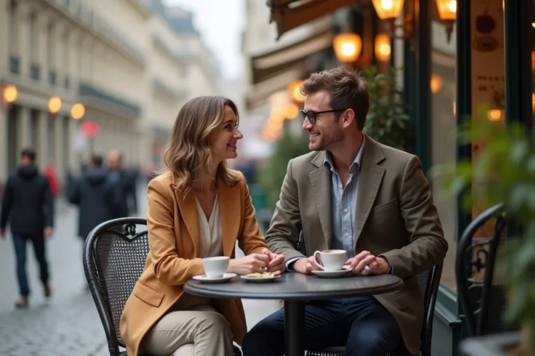 Couple élégant discutant dans un café parisien
