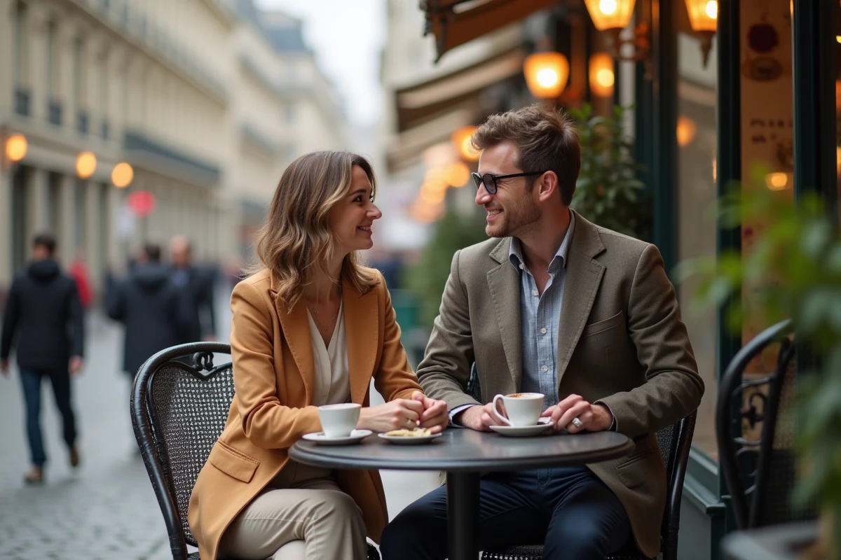 Couple élégant discutant dans un café parisien
