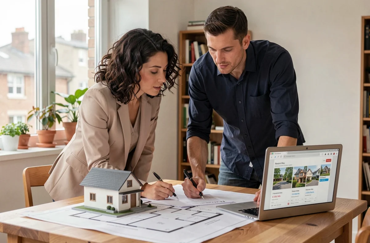 Couple étudiant des plans immobiliers et un modèle de maison sur une table en bois dans un appartement moderne