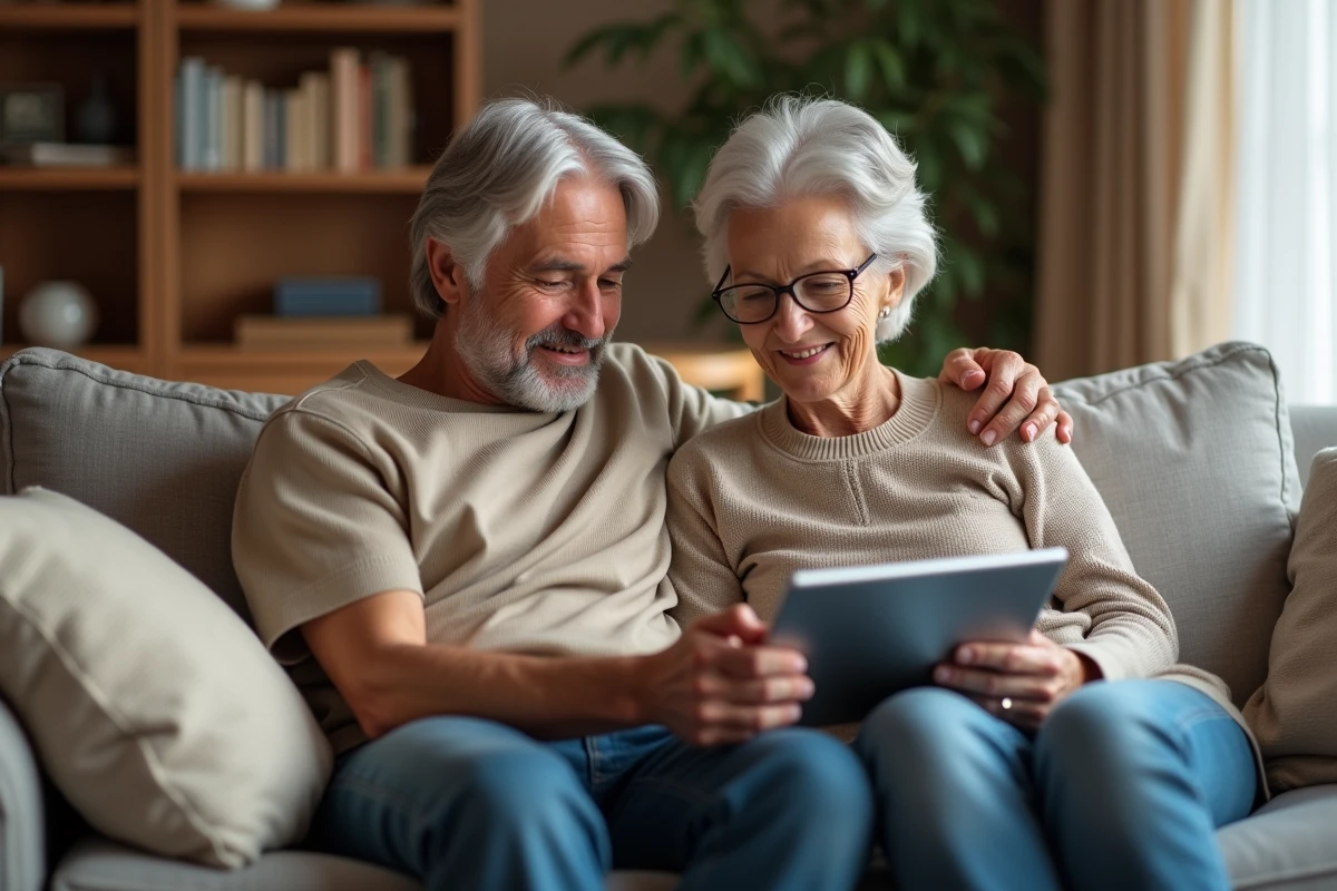 Couple de seniors consultant ensemble un formulaire administratif en ligne sur une tablette dans leur salon