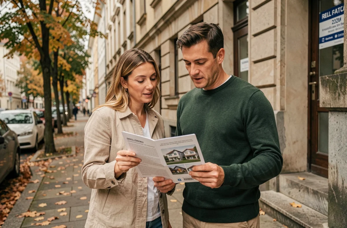 Couple visitant un immeuble résidentiel et consultant une annonce immobilière dans une rue urbaine pour leur premier achat investissement locatif