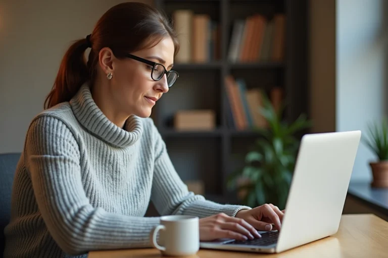 Femme utilisant un ordinateur portable pour effectuer des démarches administratives en ligne depuis son bureau à domicile