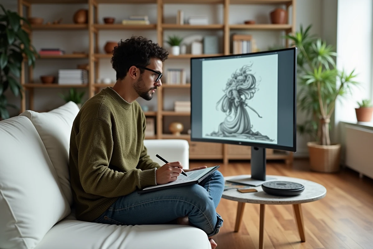 Designer graphique travaillant sur une illustration numérique depuis son espace de travail créatif à domicile