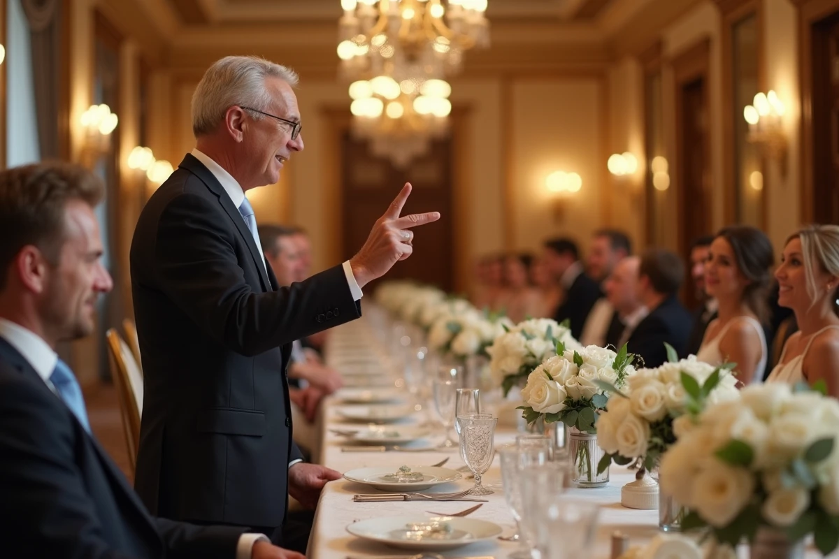 Maire s'exprimant lors d'un banquet de mariage assis à la table d'honneur avec les mariés