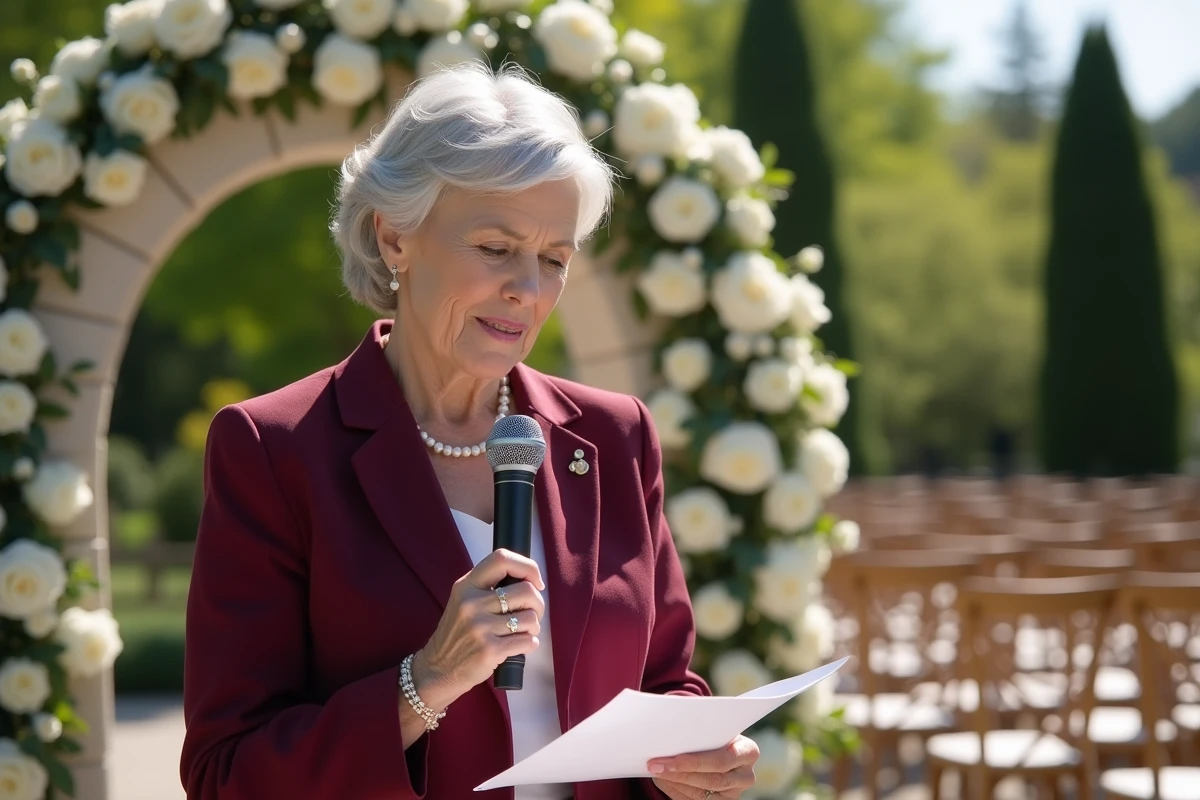 Femme officielle prononçant un discours de mariage en plein air devant une arche fleurie dans un jardin