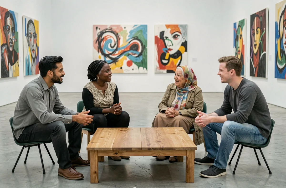 Groupe de personnes de cultures différentes discutant de la beauté dans une galerie d'art moderne