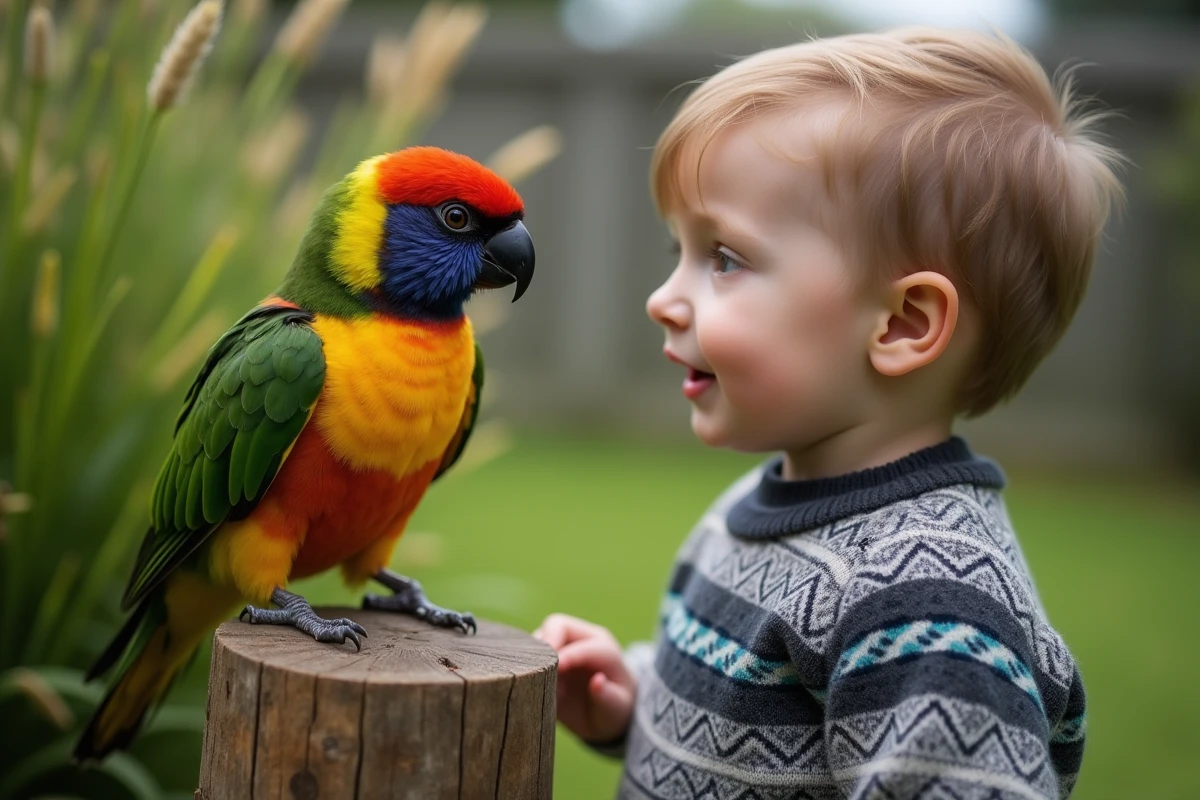 Jeune garçon observe un perroquet kakariki dans un jardin
