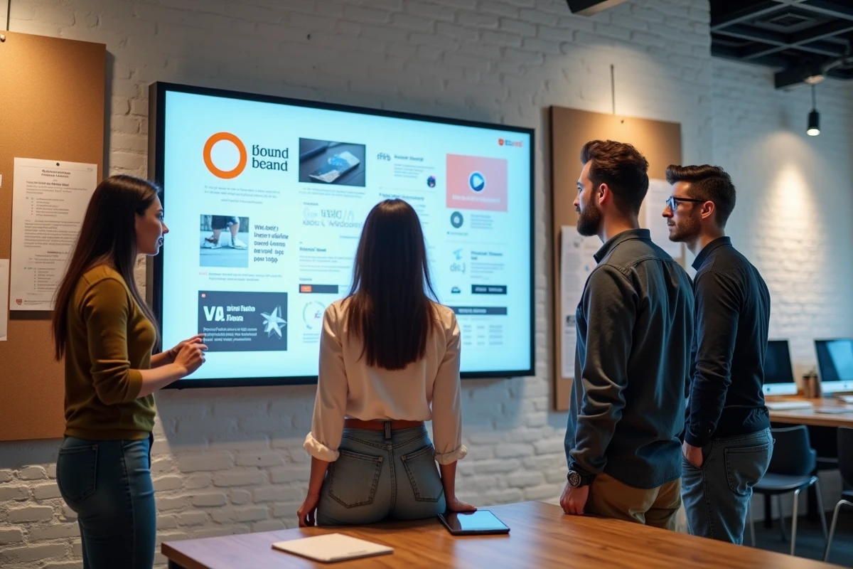 Équipe créative d'une agence digitale collaborant autour de tendances design et de moodboards interactifs