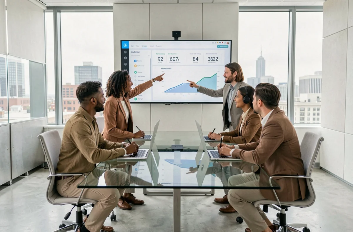 Équipe externalisée de support client analysant des indicateurs de satisfaction dans une salle de réunion moderne