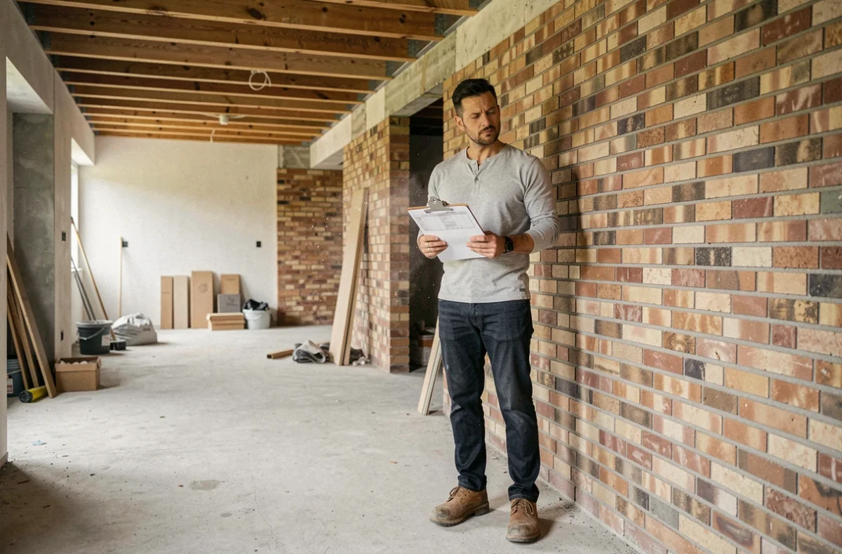Homme évaluant l'état d'un bien immobilier en rénovation avec un clipboard dans un intérieur brut