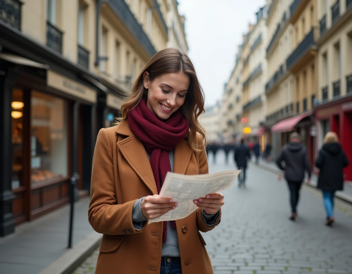 Femme élégante tenant une carte dans une rue pavée du Marais à Paris avec des façades haussmanniennes en arrière-plan