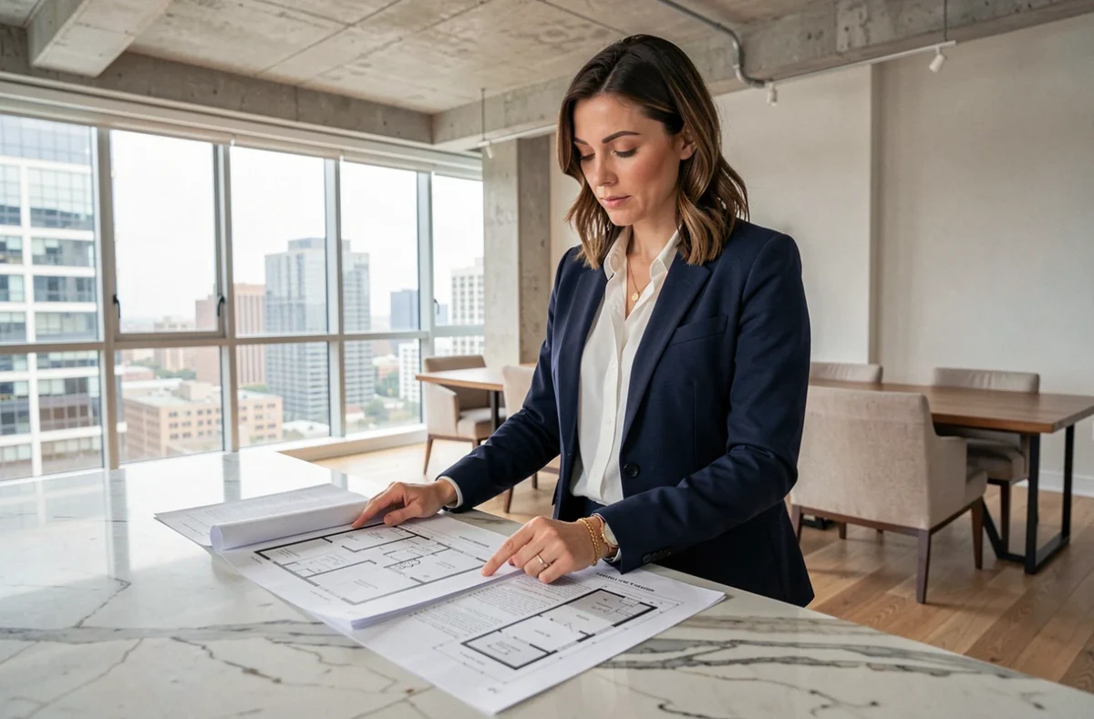 Femme professionnelle analysant des plans immobiliers dans un appartement moderne pour réussir son premier investissement immobilier en 2024