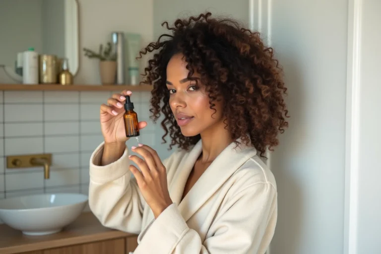 Femme appliquant du Vermogal sur ses cheveux bouclés dans une salle de bain moderne