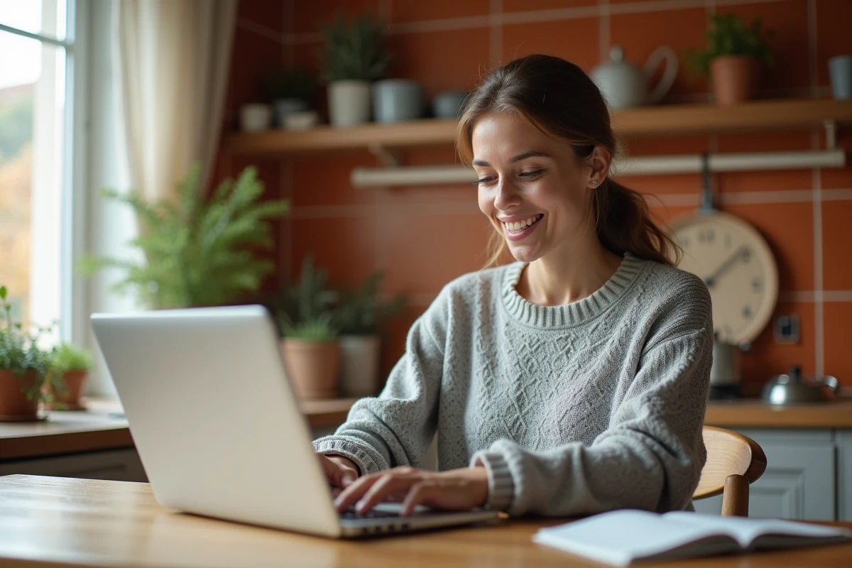 Femme consultant des assurances en ligne sur un ordinateur portable dans sa cuisine