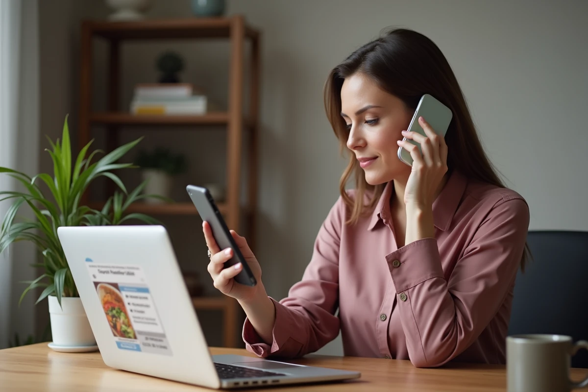 Femme en télétravail contactant le service client Uber Eats par téléphone depuis son bureau à domicile