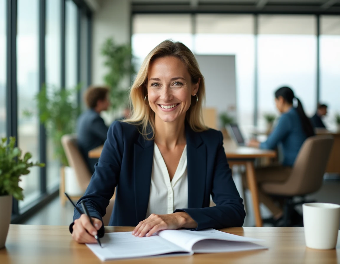 Femme professionnelle en blazer marine travaillant dans un bureau moderne avec vue sur la ville, illustrant un emploi aux horaires réguliers