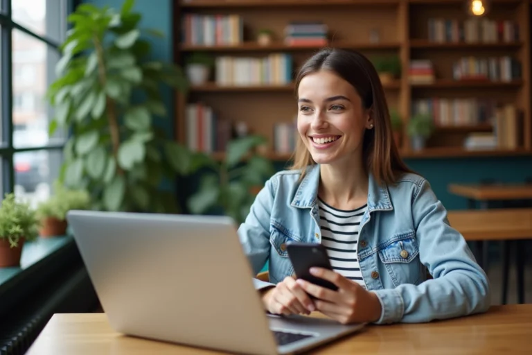 Femme souriante dans un café avec ordinateur portable