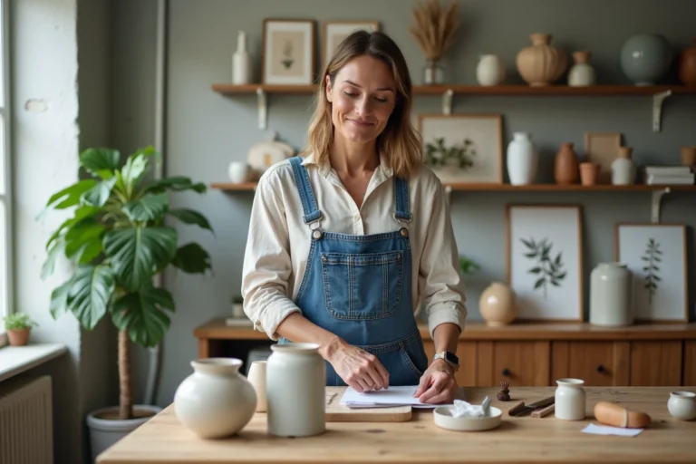Femme en salopette arrangeant des vases en céramique dans un salon lumineux
