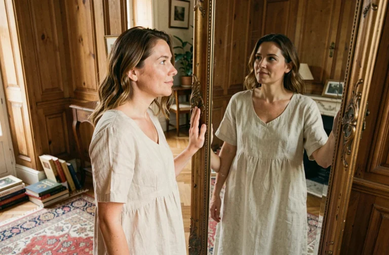 Femme regardant son reflet dans un miroir ancien, illustration de la perception de la beauté et de l'identité