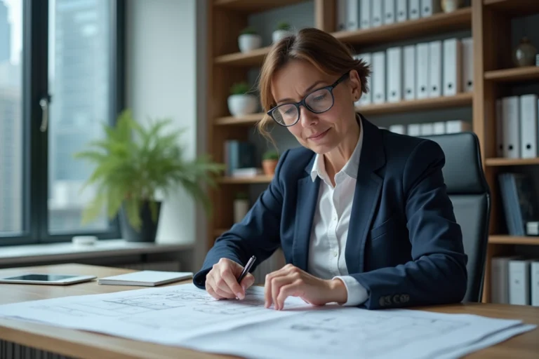 Femme professionnelle dans une agence immobilière analysant des plans de propriété et des documents d'investissement sur un bureau moderne