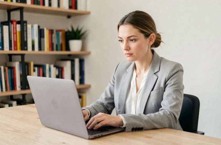 Femme professionnelle cherchant un emploi sur une plateforme spécialisée depuis son bureau à domicile