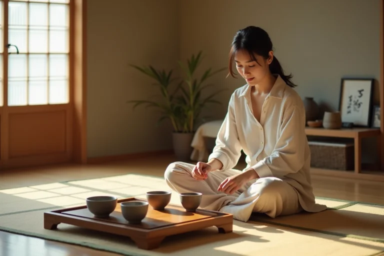 Jeune femme arrangeant des tasses en céramique dans un intérieur japonais