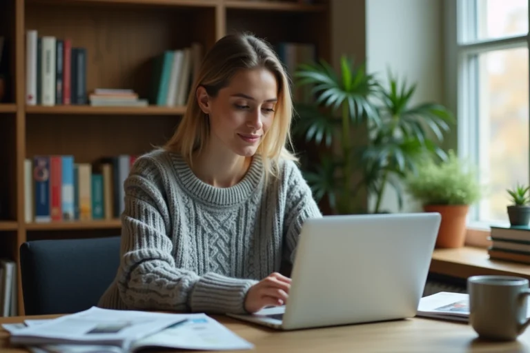 Femme consultant des magazines PDF gratuits sur un ordinateur portable dans un bureau à domicile chaleureux