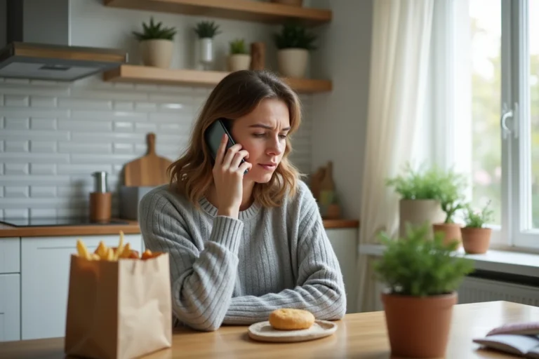 Femme au téléphone avec le service client Uber Eats depuis sa cuisine, repas livré posé sur la table