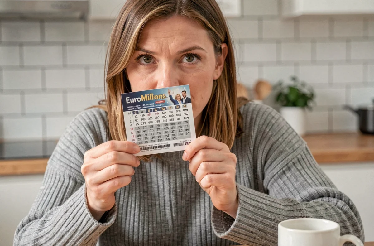 Femme tenant un ticket EuroMillions et vérifiant ses étoiles gagnantes à la maison