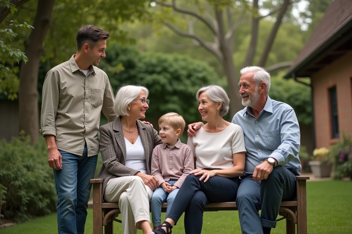 Groupe familial dans un jardin verdoyant